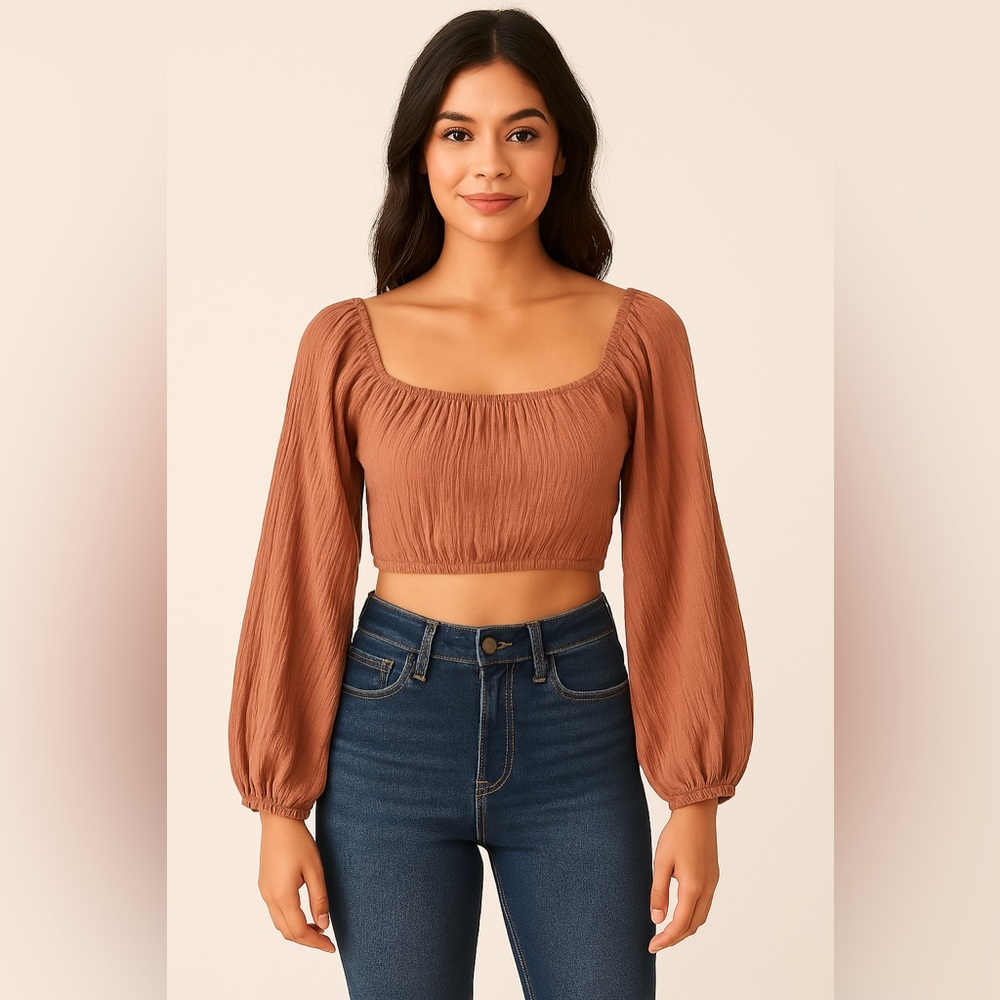 ✨PrettyLittleThing Stone Crinkly Fabric Balloon Sleeve Crop Top Size 4